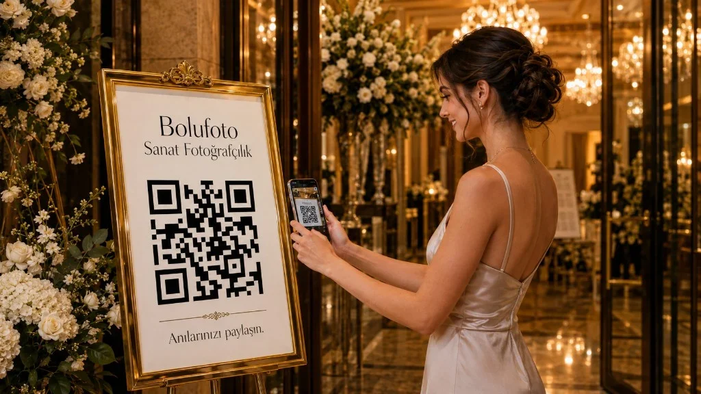 Düğün salonunda altın çerçeveli Anı QR panosunu telefonuyla okutan davetli