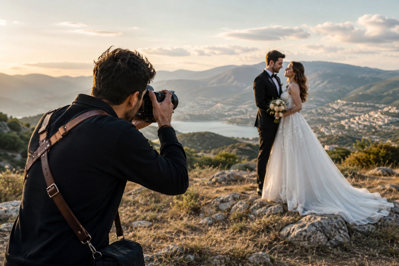 Dağ manzarası önünde gelin ve damadı fotoğraflayan düğün fotoğrafçısı